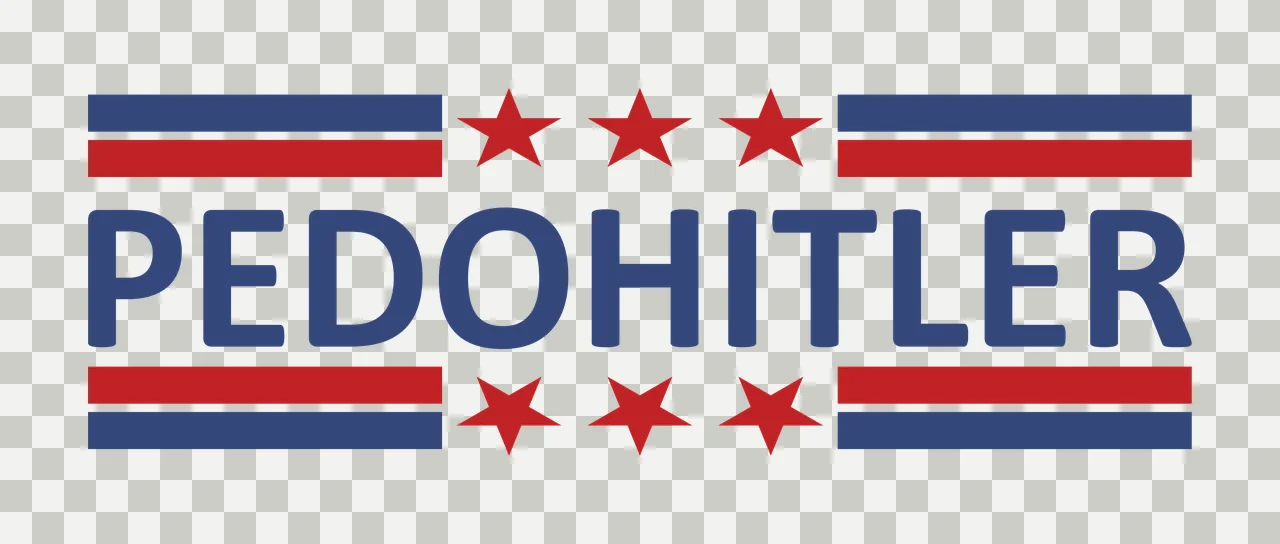 PEDOHITLER Typography Design with blue text 'PEDOHITLER', red and blue horizontal stripes and five red stars in white transparency and detail preview thumbnail