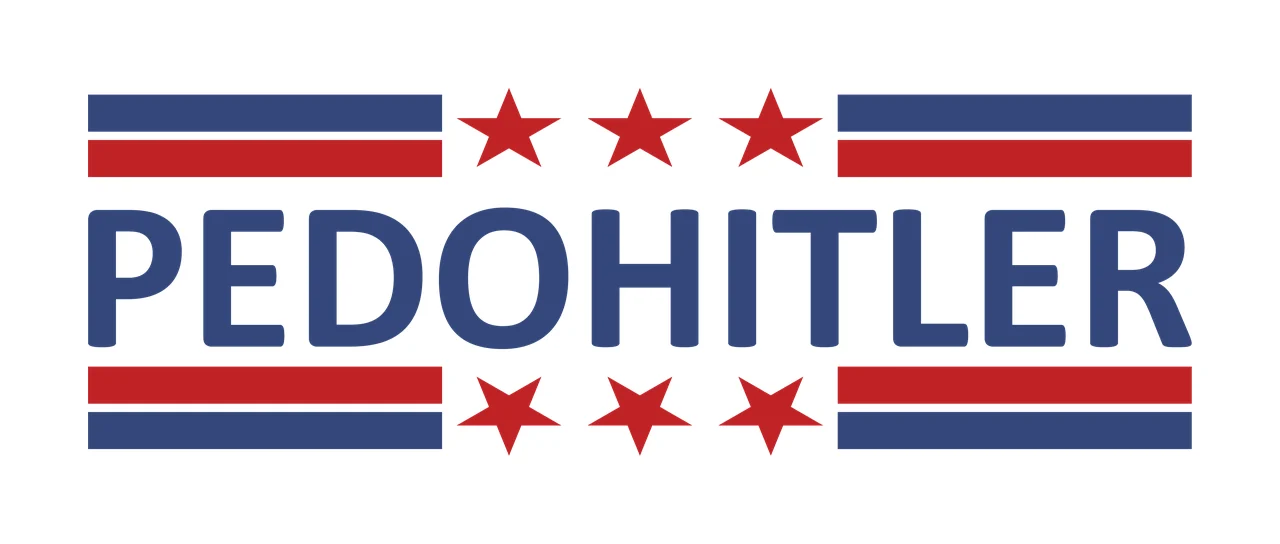 PEDOHITLER Typography Design with blue text 'PEDOHITLER', red and blue horizontal stripes and five red stars in white