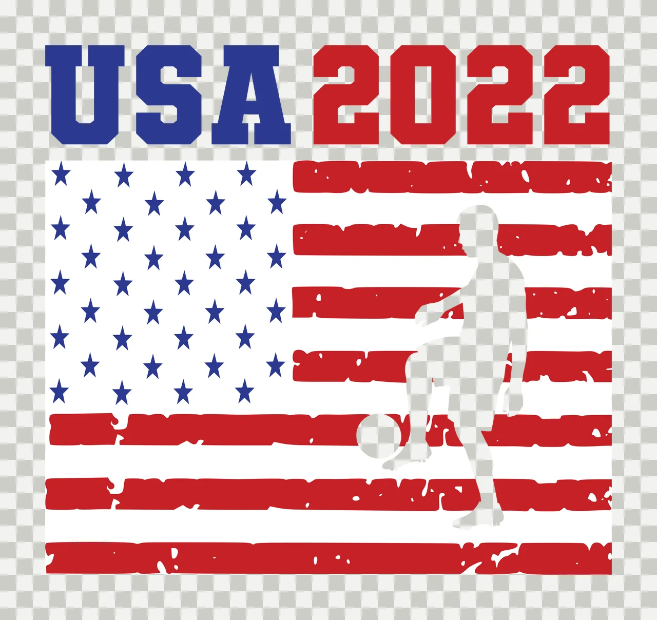 USA 2022 Typography Design with USA text, American flag stars, distressed red stripes and soccer player silhouette in blue and white transparency and detail preview thumbnail
