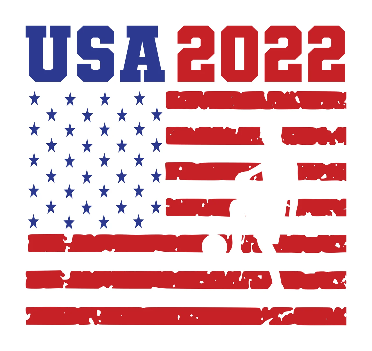USA 2022 Typography Design with USA text, American flag stars, distressed red stripes and soccer player silhouette in blue and white