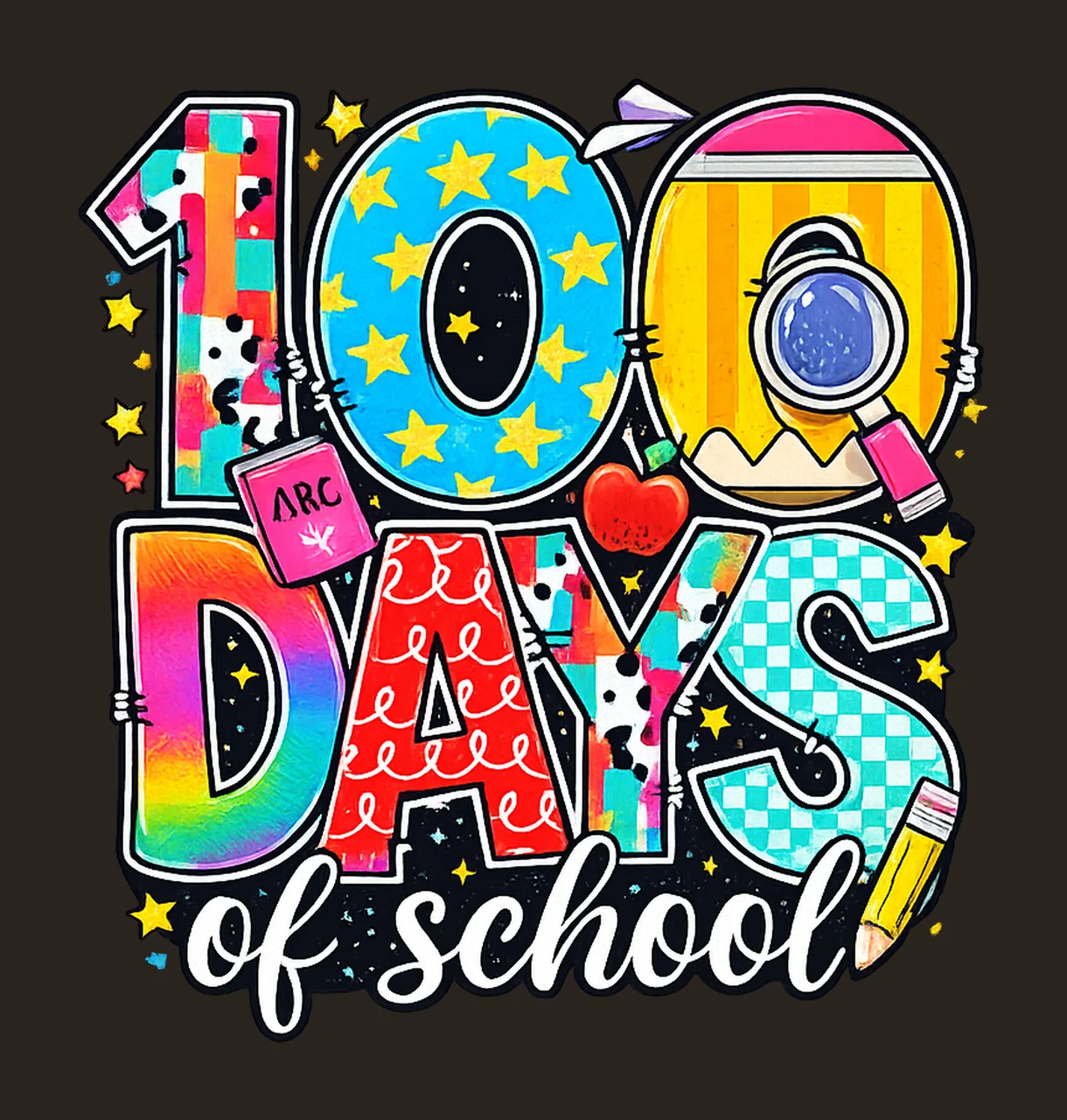 100 Days Of School Retro Pencil Pattern Tie Dye School contrast preview thumbnail