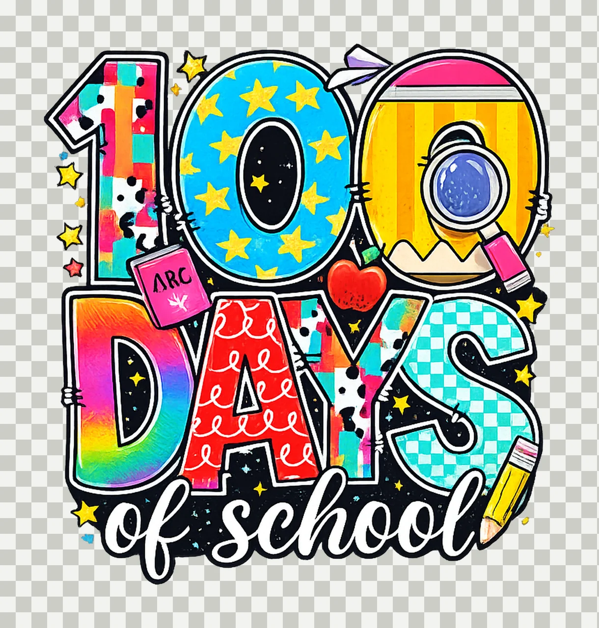 100 Days Of School Retro Pencil Pattern Tie Dye School transparency and detail preview thumbnail