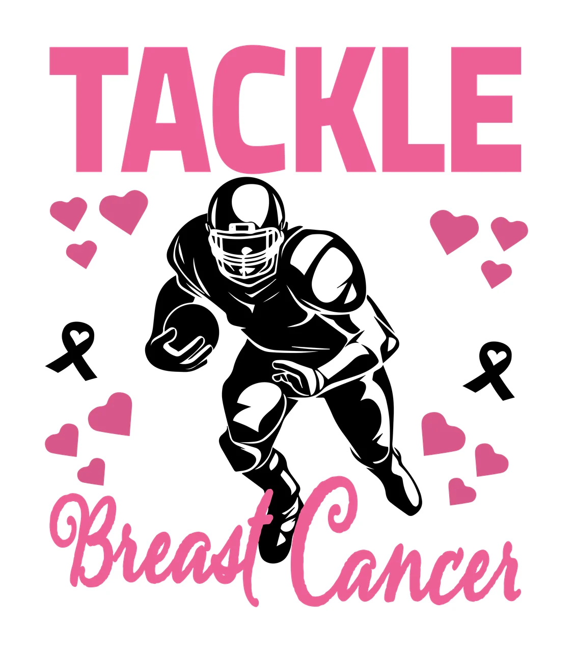 Cancer Football T A C K L E Breast player running hearts ribbon