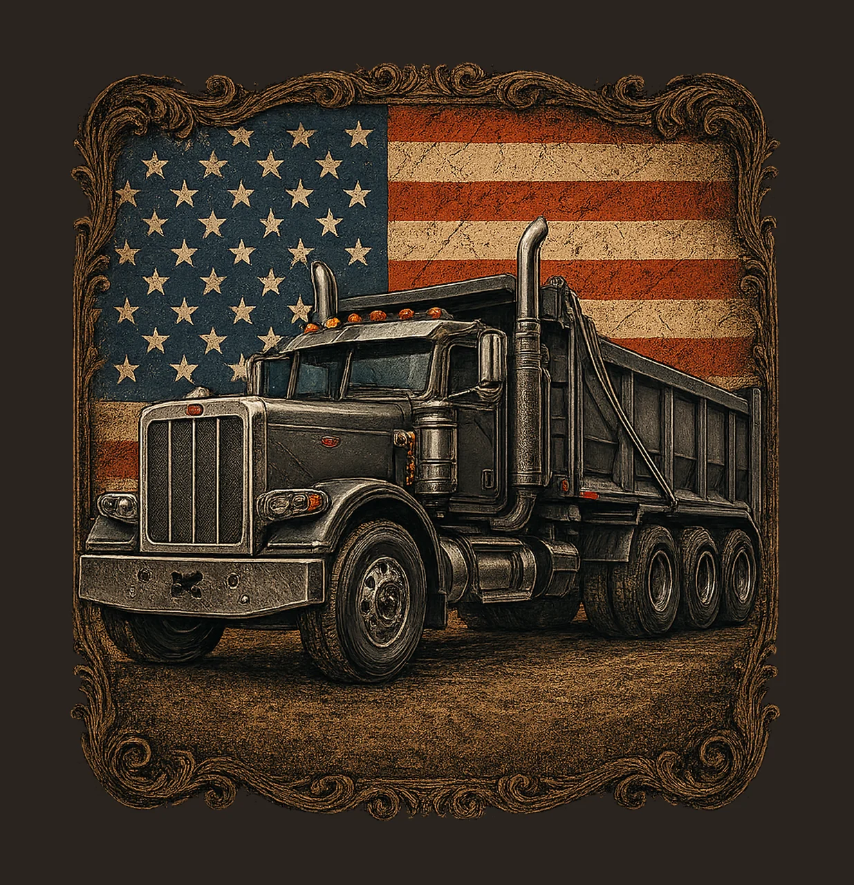 American Flag With Dump Truck Patriotic Construction Art contrast preview thumbnail