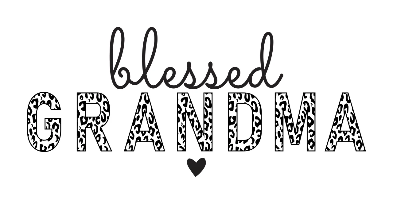Blessed GRANDMA Typography Design with cursive script text, leopard print block lettering and heart icon in black and white