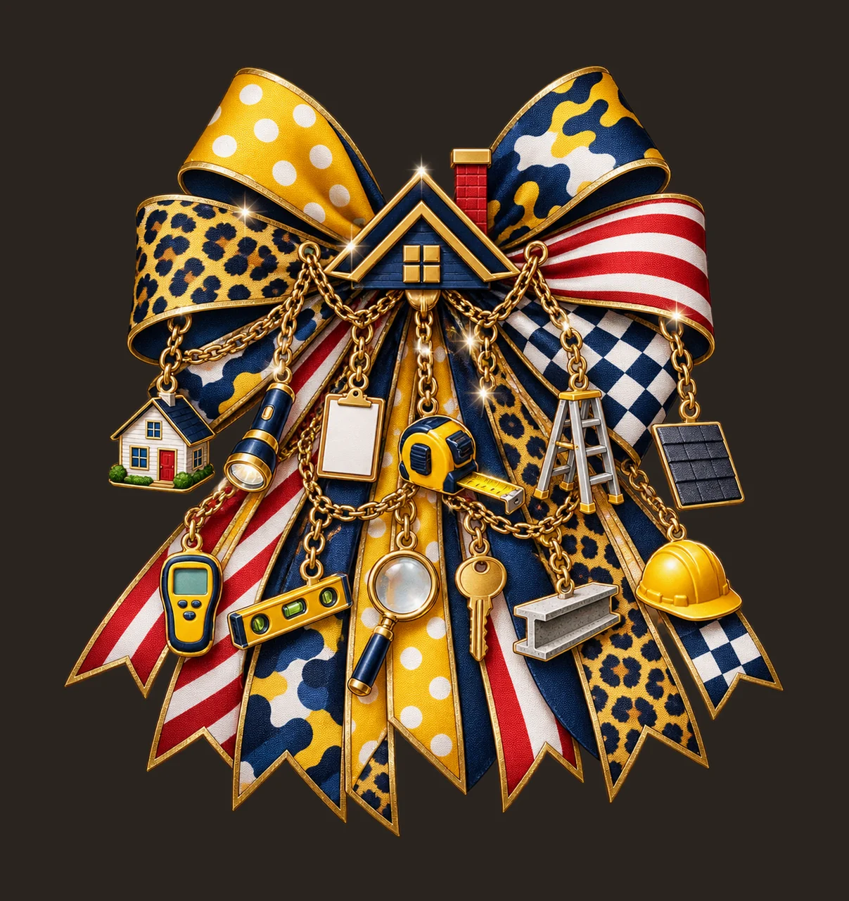 Home Inspector Bow Charm PNG, Themed Gold Chain Charms, Coquette Ribbon Sublimation Design, Transparent Digital Download contrast preview thumbnail