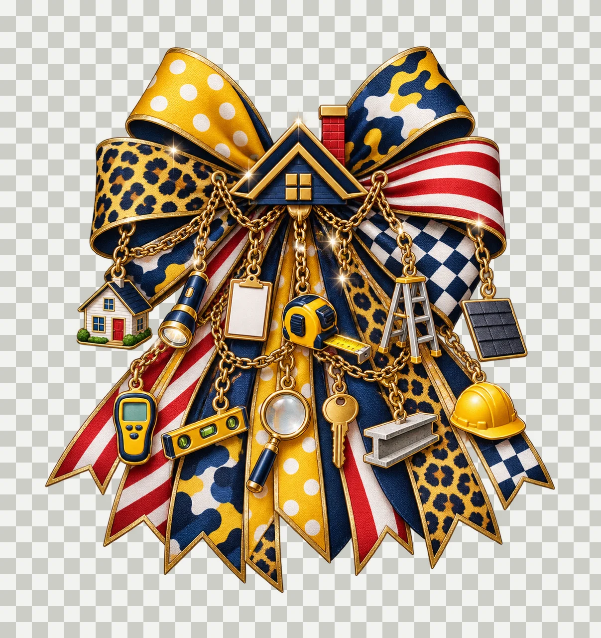 Home Inspector Bow Charm PNG, Themed Gold Chain Charms, Coquette Ribbon Sublimation Design, Transparent Digital Download transparency and detail preview thumbnail