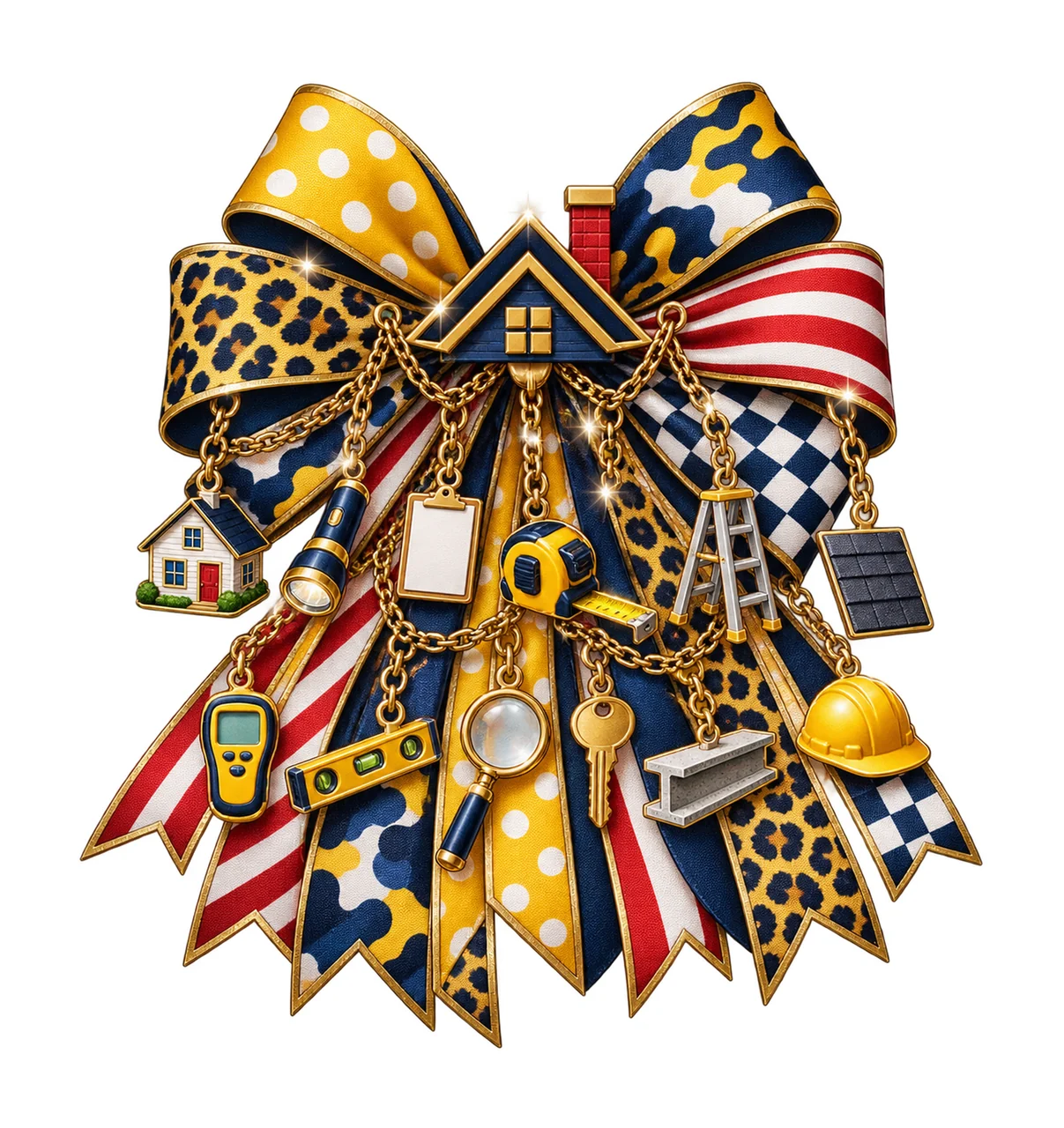 Home Inspector Bow Charm PNG, Themed Gold Chain Charms, Coquette Ribbon Sublimation Design, Transparent Digital Download