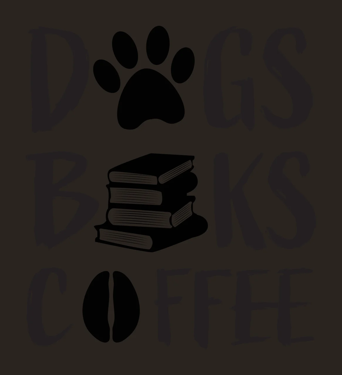 DOGS BOOKS COFFEE Typography Design with black paw print, stack of three books, coffee bean shape and text 'DOGS' 'BOOKS' 'COFFEE' in white contrast preview thumbnail