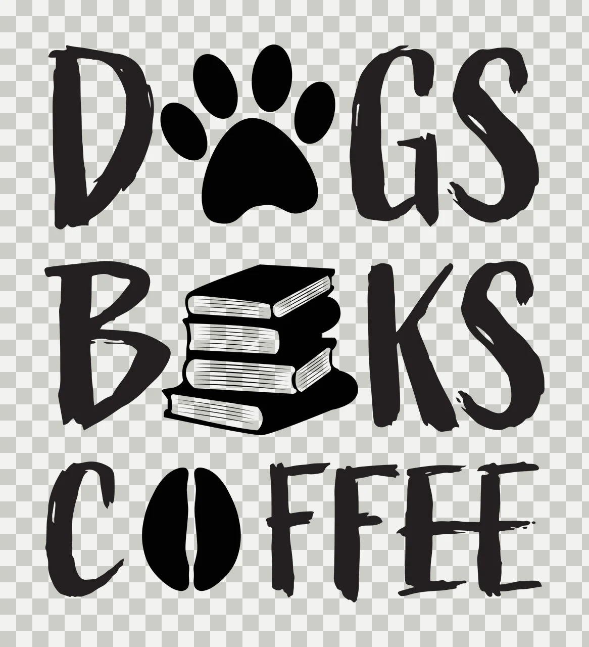 DOGS BOOKS COFFEE Typography Design with black paw print, stack of three books, coffee bean shape and text 'DOGS' 'BOOKS' 'COFFEE' in white transparency and detail preview thumbnail