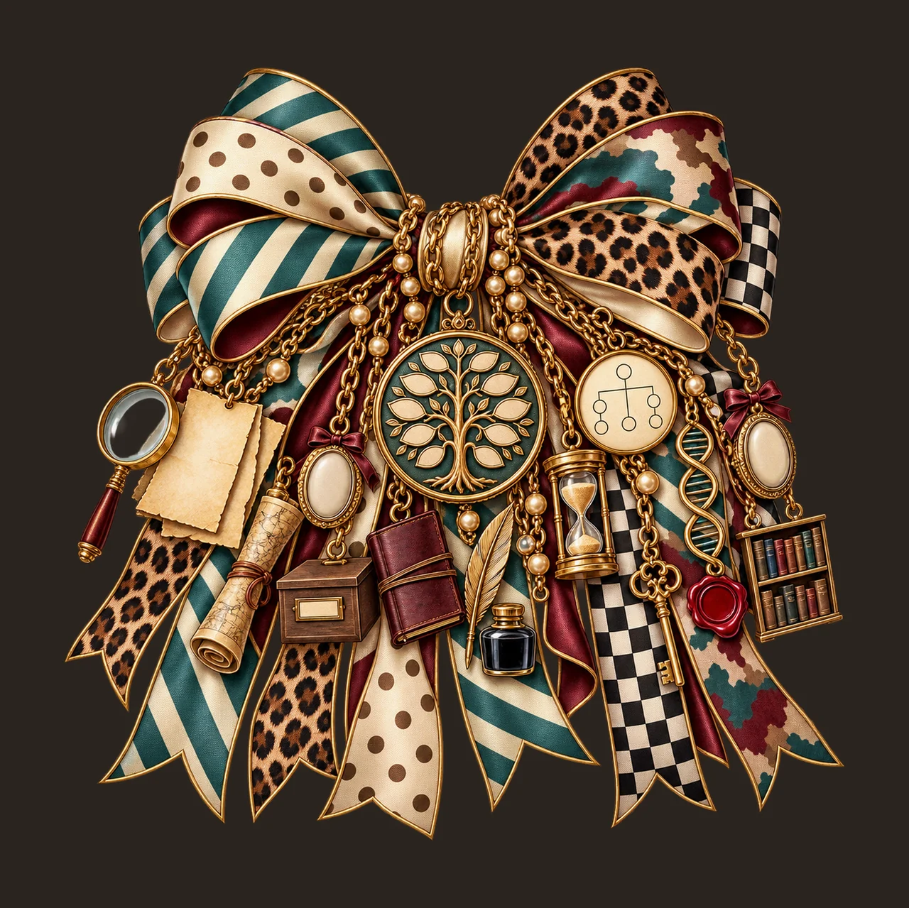 Genealogy Researcher Bow Charm PNG, Themed Gold Chain Charms, Coquette Ribbon Sublimation Design, Transparent Digital Download contrast preview thumbnail
