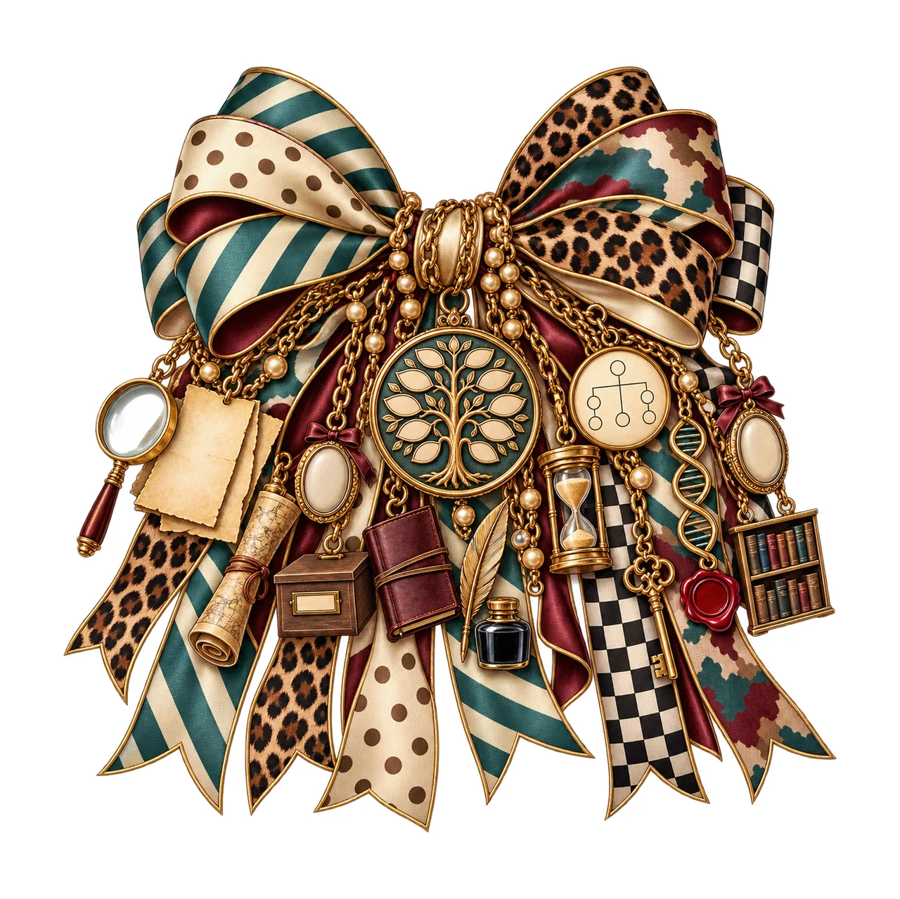 Genealogy Researcher Bow Charm PNG, Themed Gold Chain Charms, Coquette Ribbon Sublimation Design, Transparent Digital Download