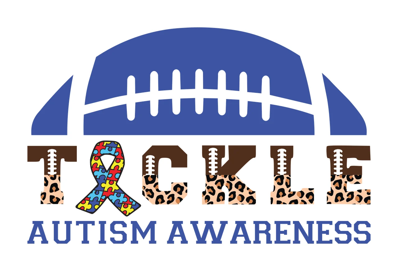 TACKLE AUTISM AWARENESS Football-themed autism awareness Design with blue football, white laces, puzzle ribbon and leopard print letters in brown