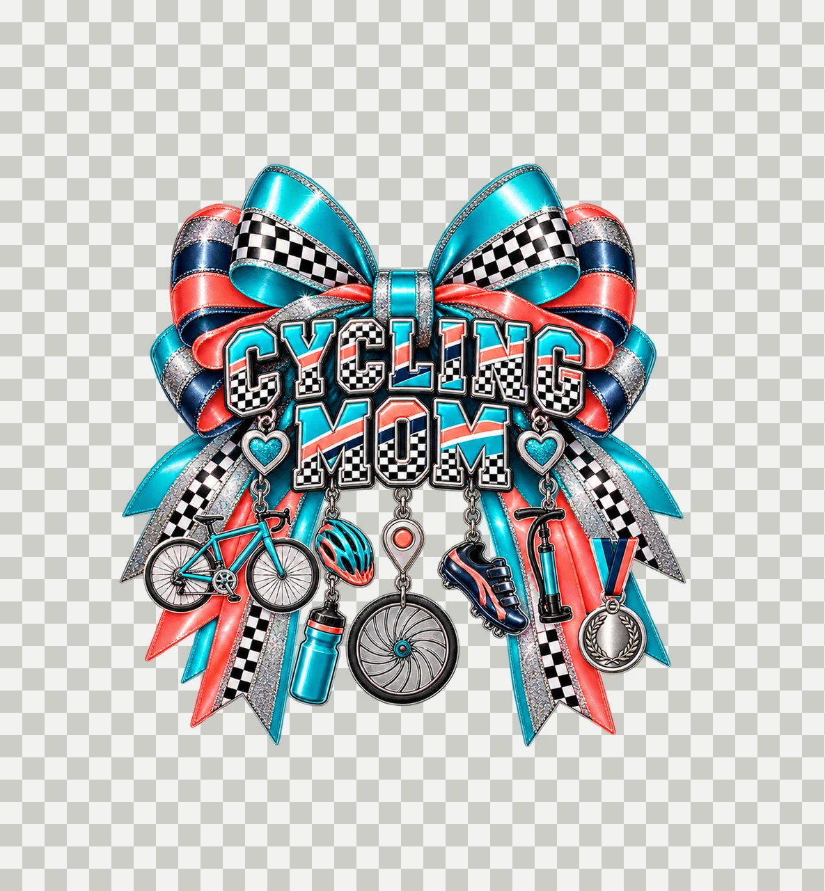 Cycling Mom Bow Charm PNG, Patterned Varsity Mom Ribbon Clipart, Transparent Sublimation Digital Download transparency and detail preview thumbnail