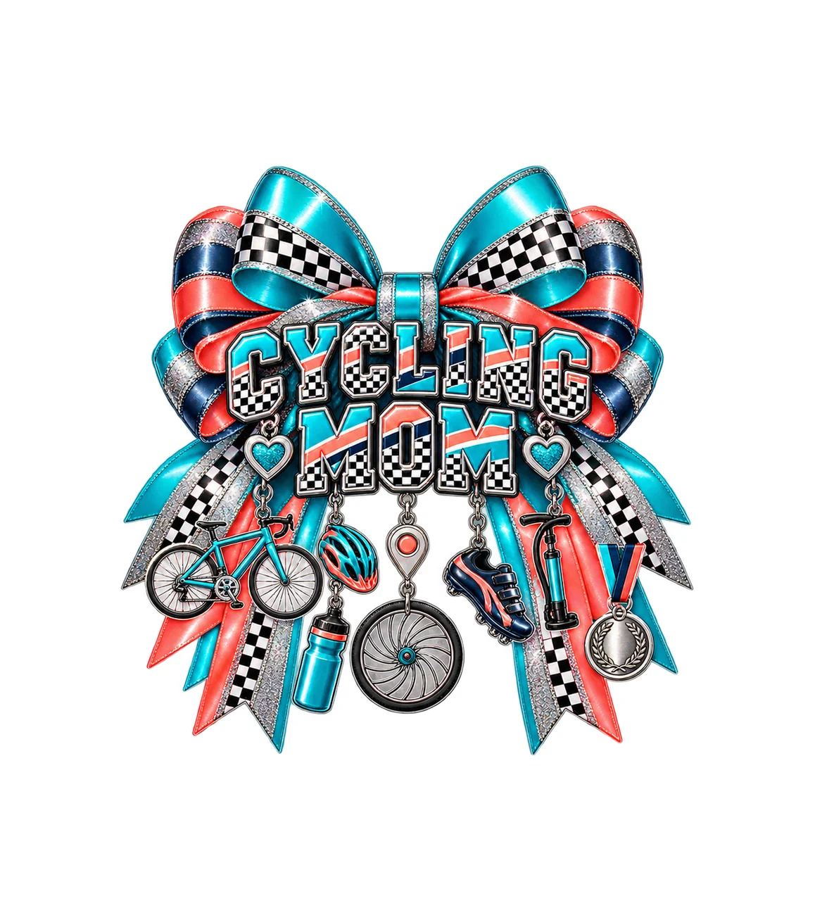 Cycling Mom Bow Charm PNG, Patterned Varsity Mom Ribbon Clipart, Transparent Sublimation Digital Download