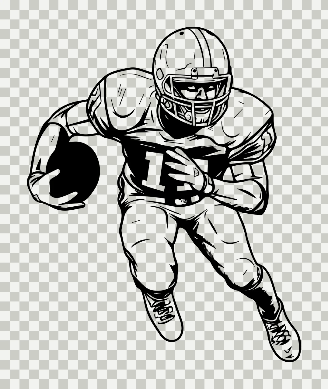 Football Player 1 Running With Ball helmet jersey cleats line drawing transparency and detail preview thumbnail