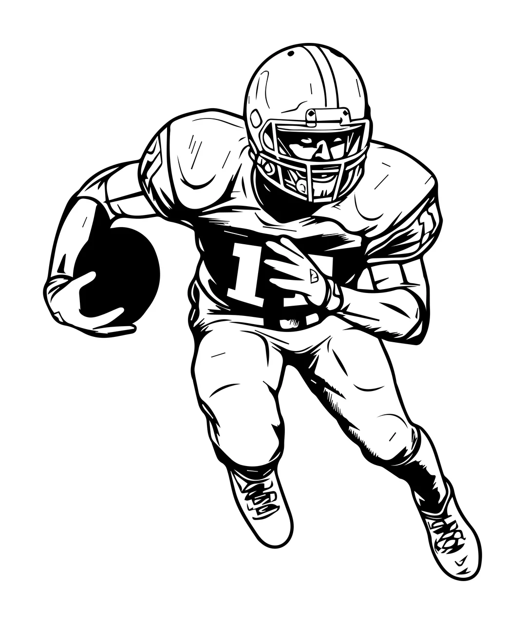 Football Player 1 Running With Ball helmet jersey cleats line drawing