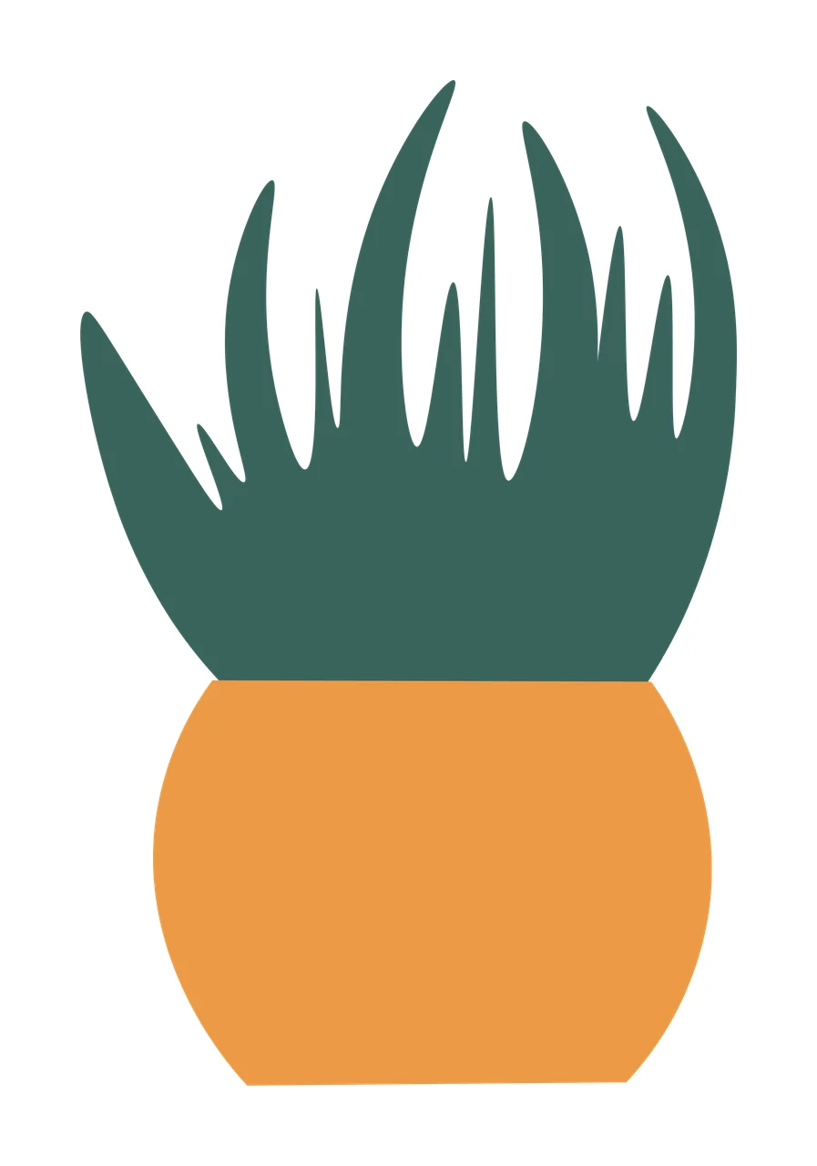 Potted houseplant Illustration with spiky leaves, round pot, foliage and flat base in dark green, orange and white