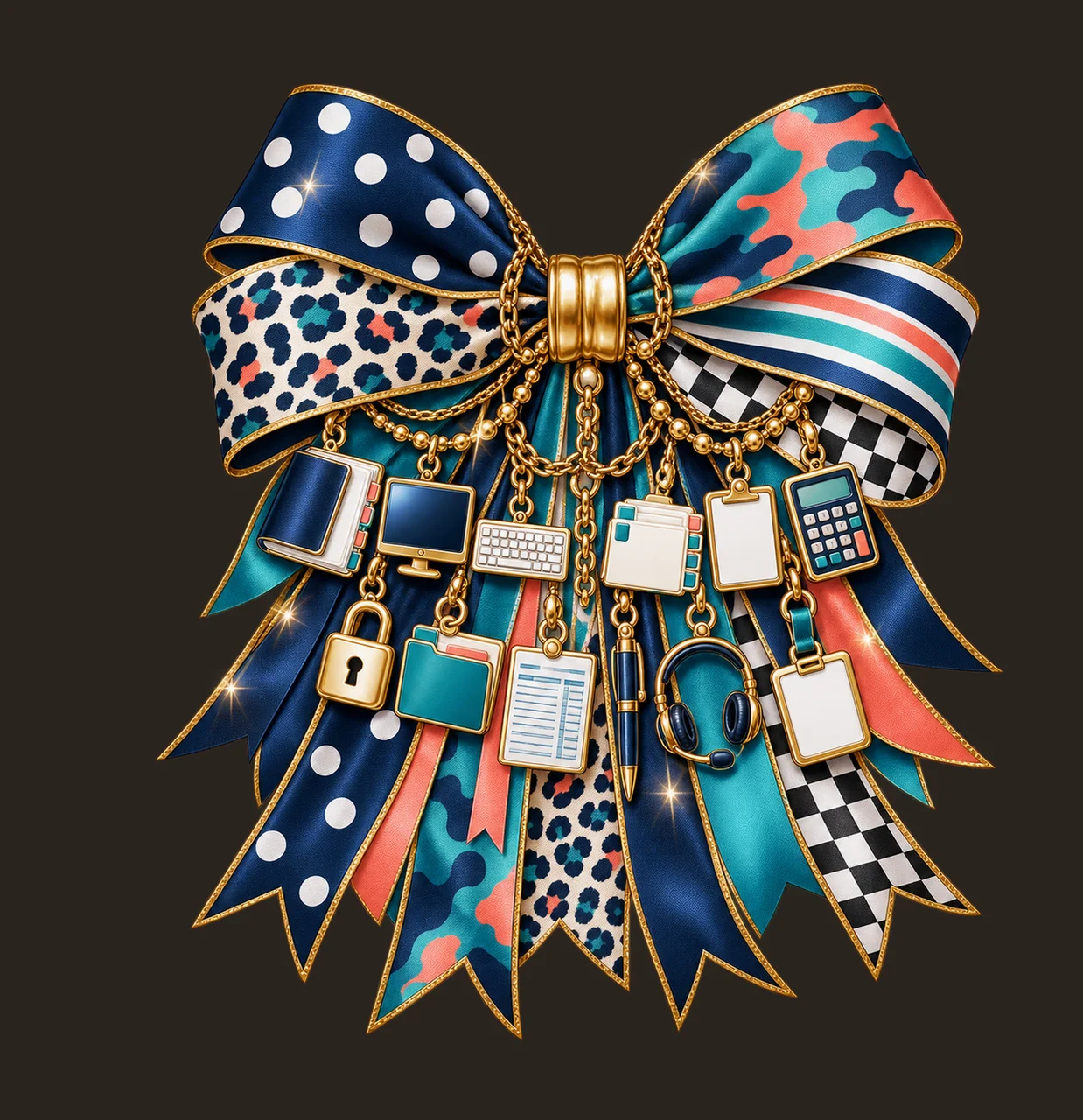 Medical Coder Bow Charm PNG, Themed Gold Chain Charms, Coquette Ribbon Sublimation Design, Transparent Digital Download contrast preview thumbnail