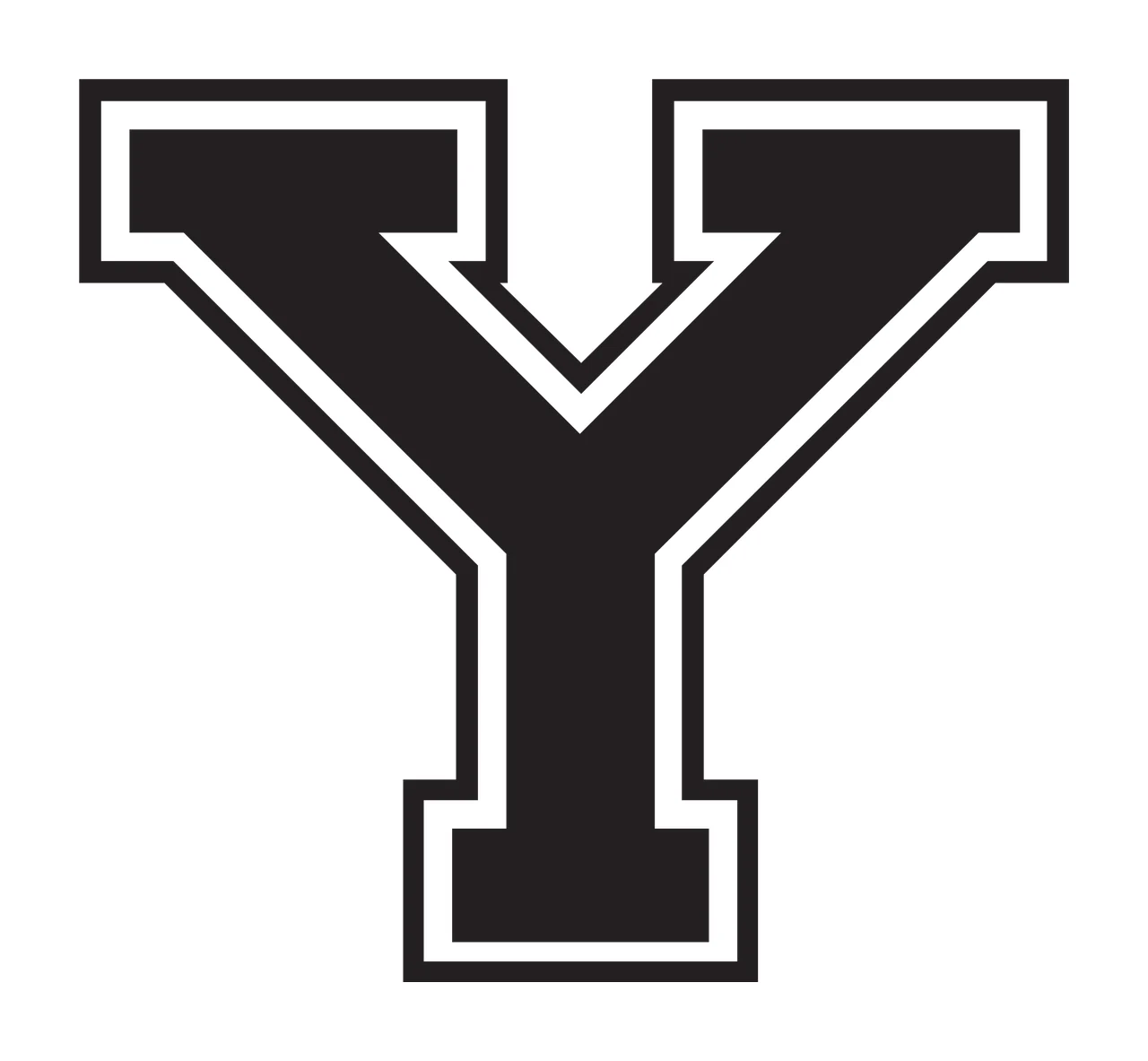 Y Letter Design with block serif, double outline border and inner gap border in black and white