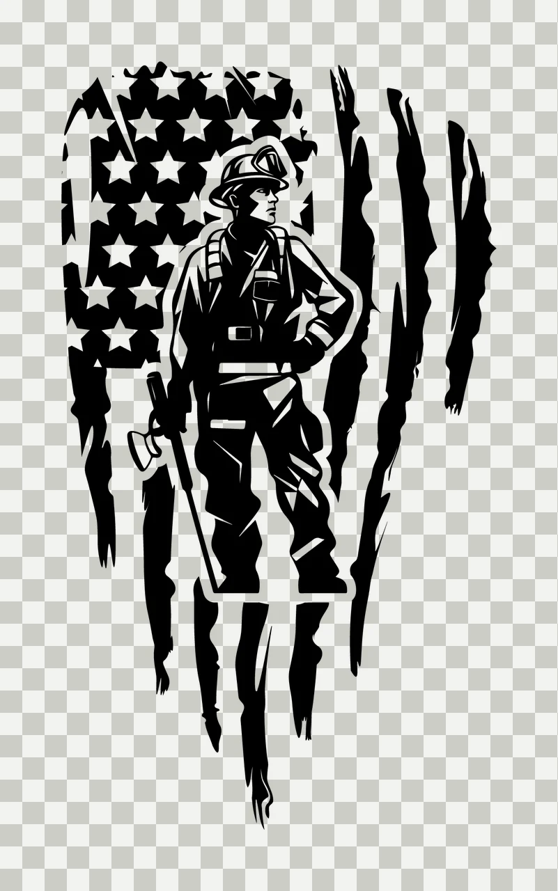 Firefighter With Axe Flag Silhouette standing american distressed transparency and detail preview thumbnail
