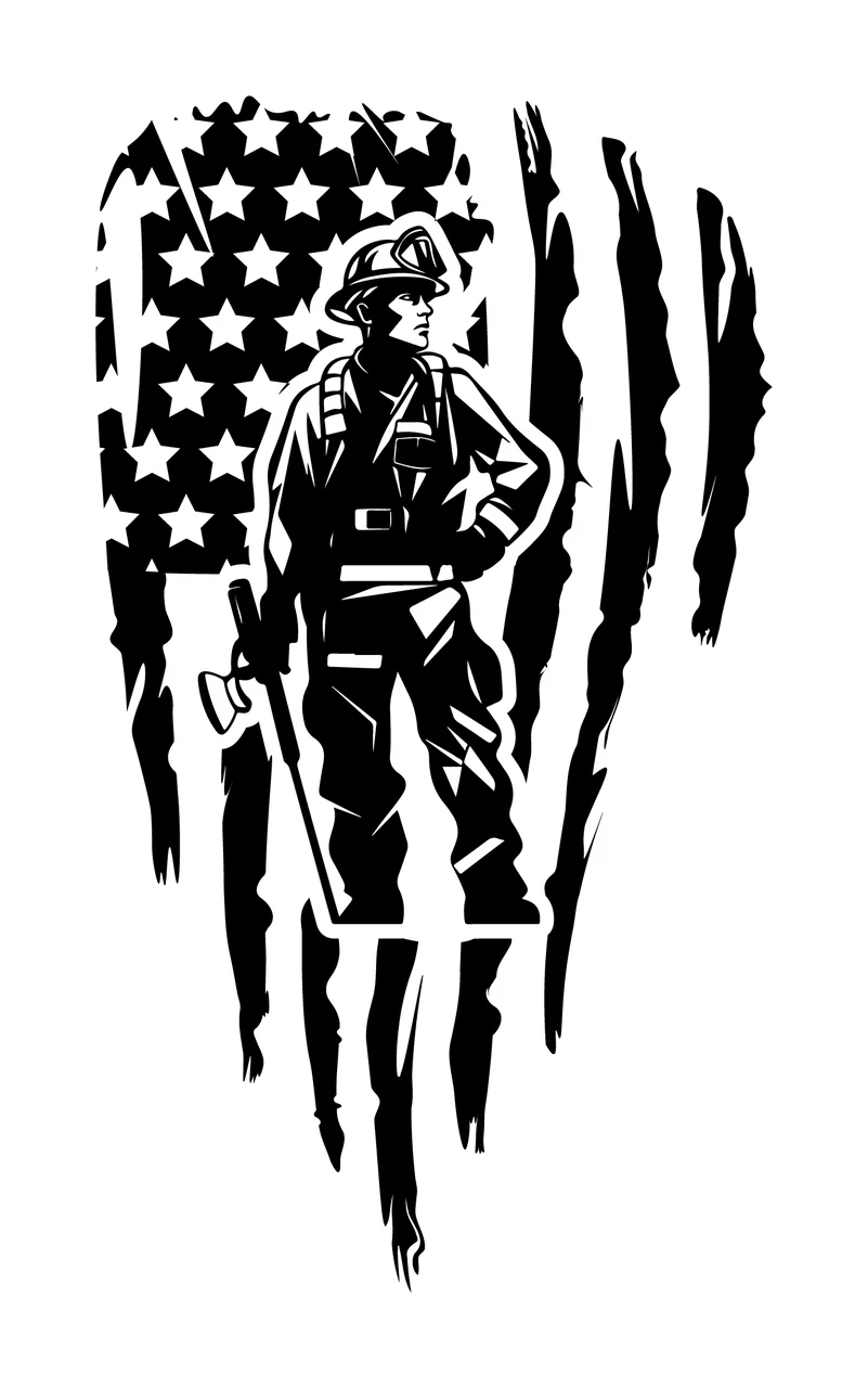 Firefighter With Axe Flag Silhouette standing american distressed