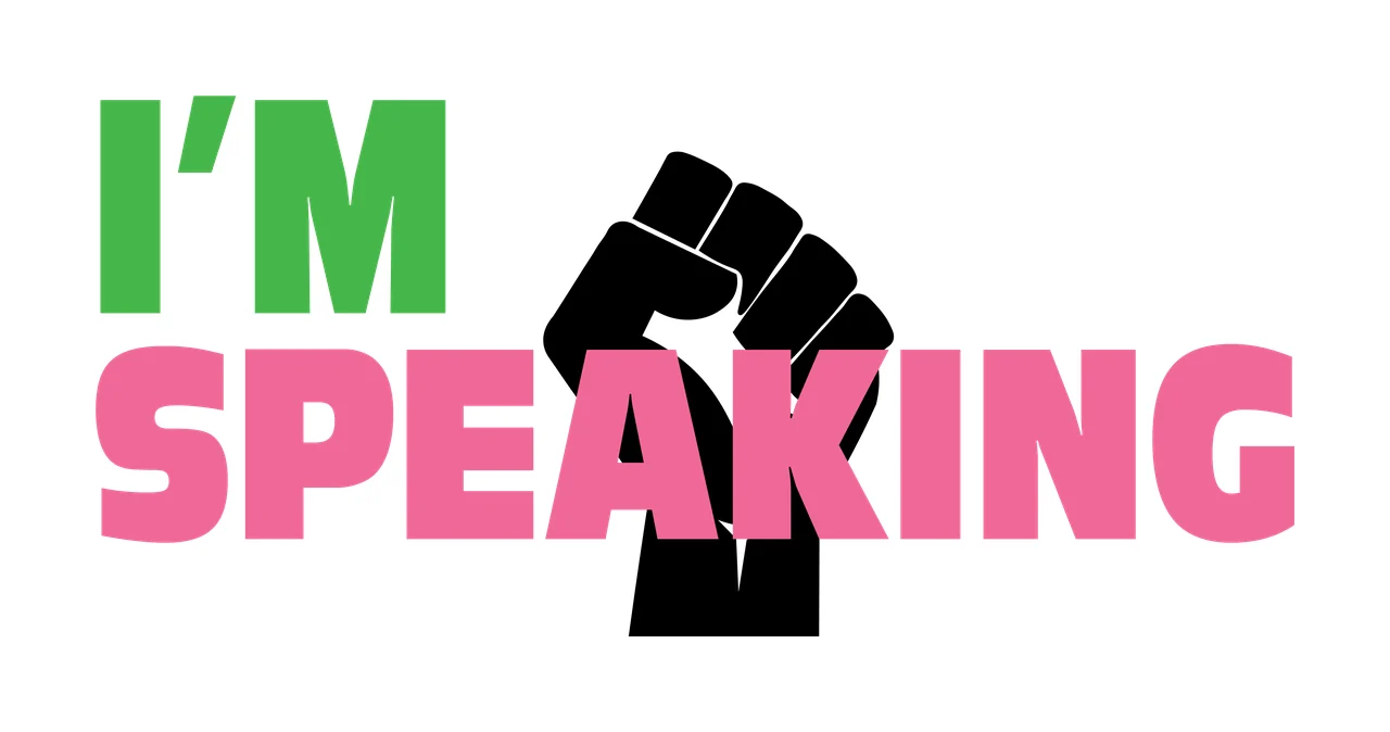 I'M SPEAKING Typography Design with green text 'I'M', pink text 'SPEAKING' and black raised fist