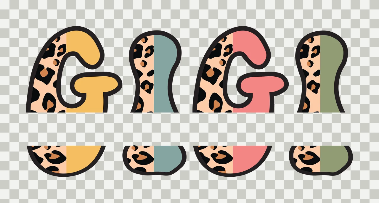 GIGI Leopard print and pastel color block letters spelling 'GIGI' Design with yellow, teal, pink and olive green transparency and detail preview thumbnail