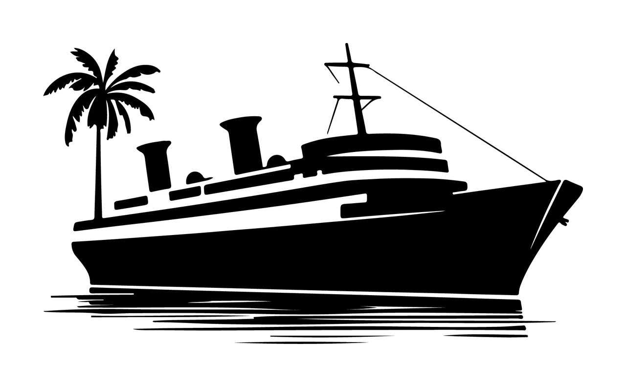 Cruise Ship And Palm Tree floating smoke stacks water silhouette