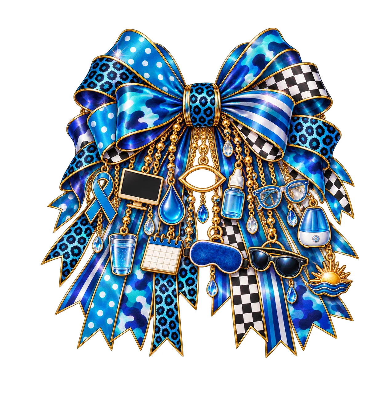 Dry Eye Awareness Bow Charm PNG, Gold Chain Charms, Transparent Sublimation Design, Digital Download