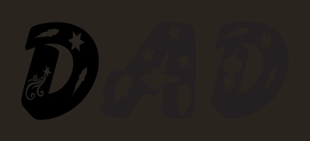 DAD DAD typography with letter D, crescent moon, stars and cartoon alien in black and white contrast preview thumbnail