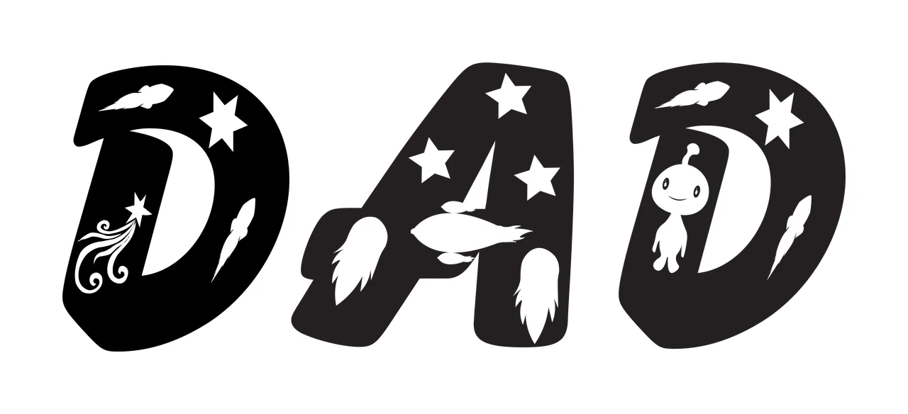 DAD DAD typography with letter D, crescent moon, stars and cartoon alien in black and white