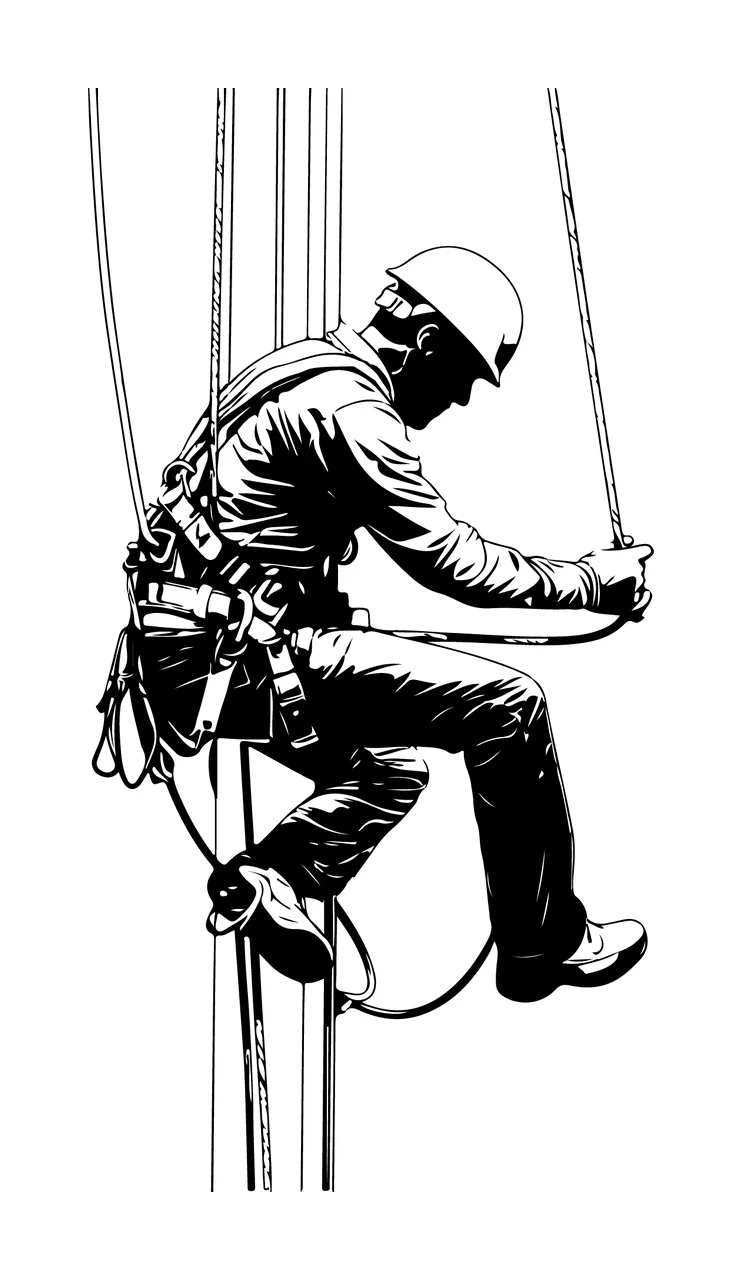 Line Industrial Worker Suspended By Climbing Ropes helmet harness