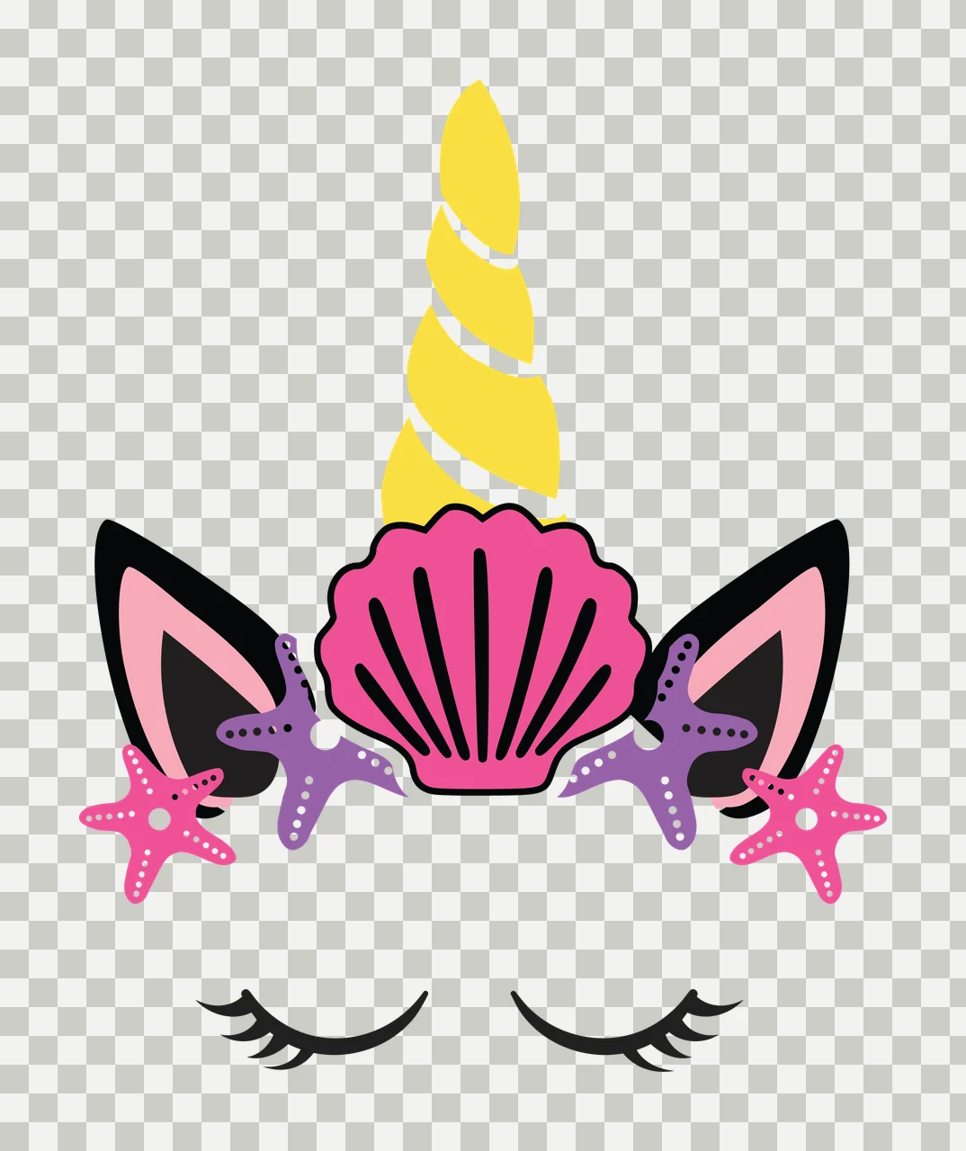 Unicorn Silhouette With Starfish Ears horn eyes black white transparency and detail preview thumbnail