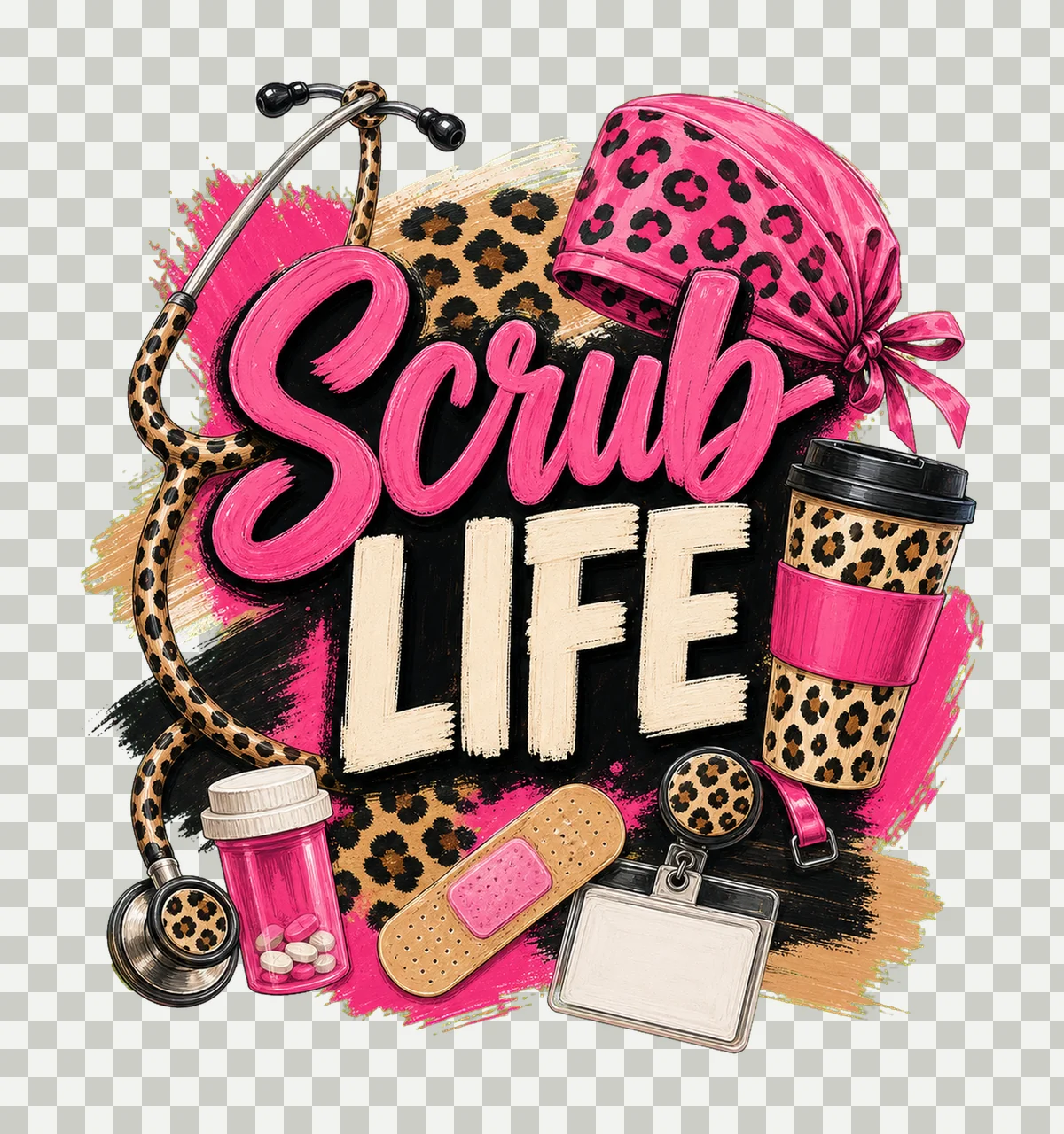 Scrub Life Leopard Nurse Shirt Design Variation C transparency and detail preview thumbnail
