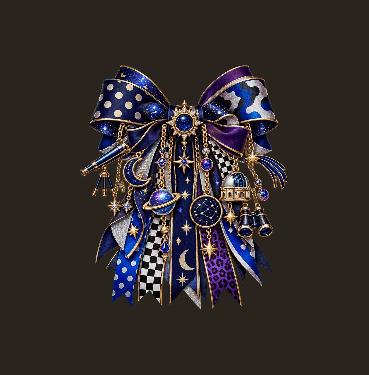 Stargazer Astronomy Lover Bow Charm PNG, Themed Gold Chain Charms, Coquette Ribbon Sublimation Design, Transparent Digital Download contrast preview thumbnail