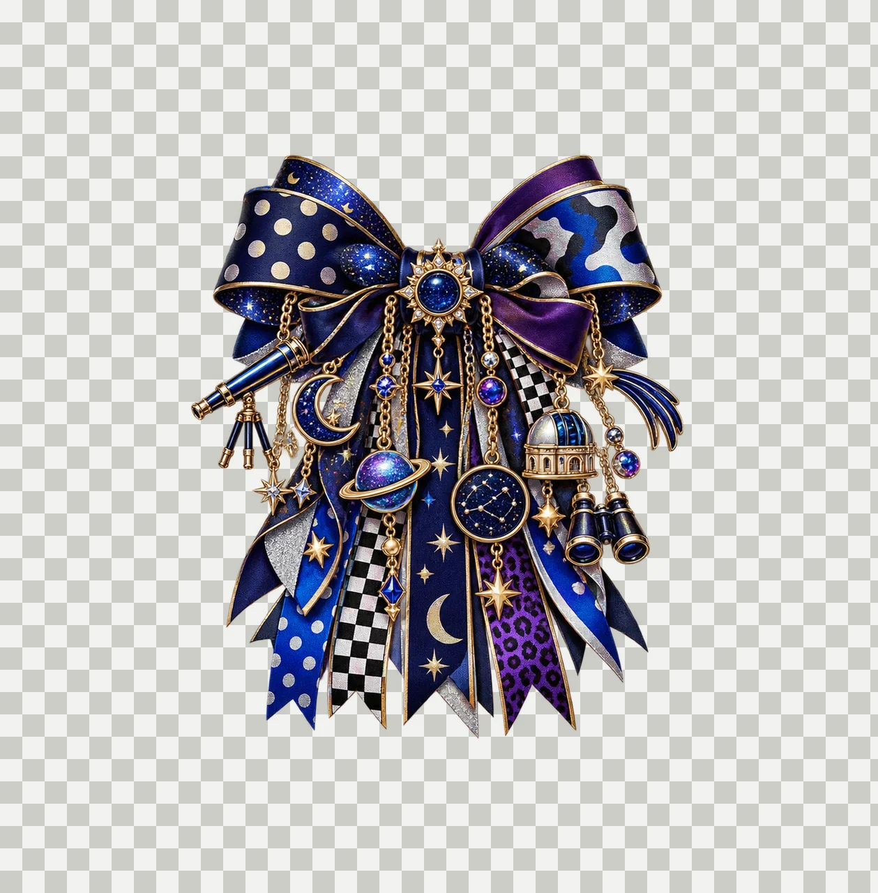 Stargazer Astronomy Lover Bow Charm PNG, Themed Gold Chain Charms, Coquette Ribbon Sublimation Design, Transparent Digital Download transparency and detail preview thumbnail