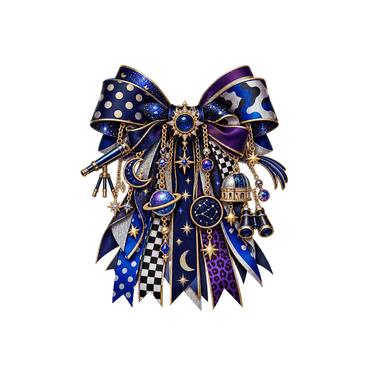 Stargazer Astronomy Lover Bow Charm PNG, Themed Gold Chain Charms, Coquette Ribbon Sublimation Design, Transparent Digital Download