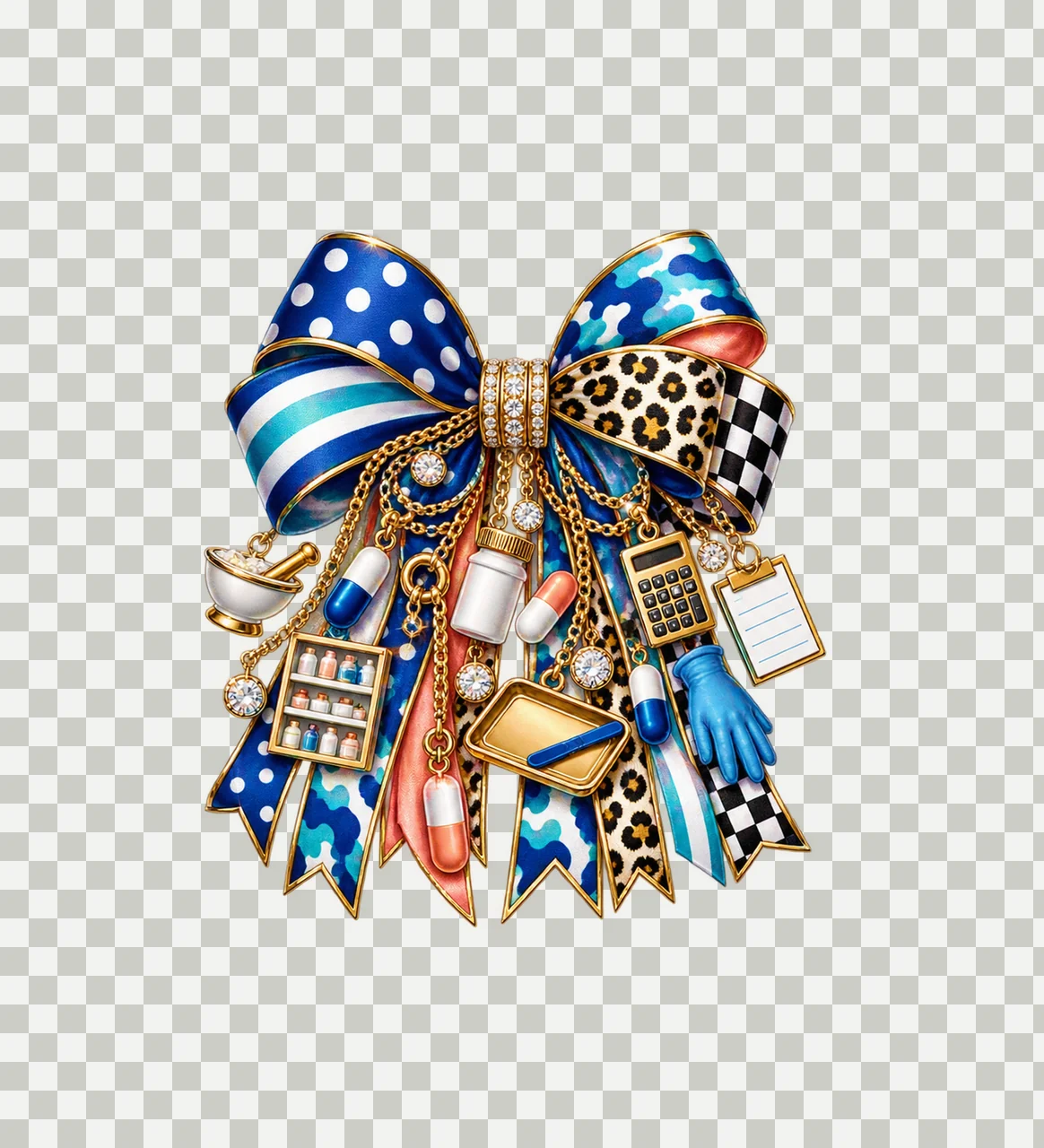 Pharmacy Technician Bow Charm PNG, Themed Gold Chain Charms, Coquette Ribbon Sublimation Design, Transparent Digital Download transparency and detail preview thumbnail