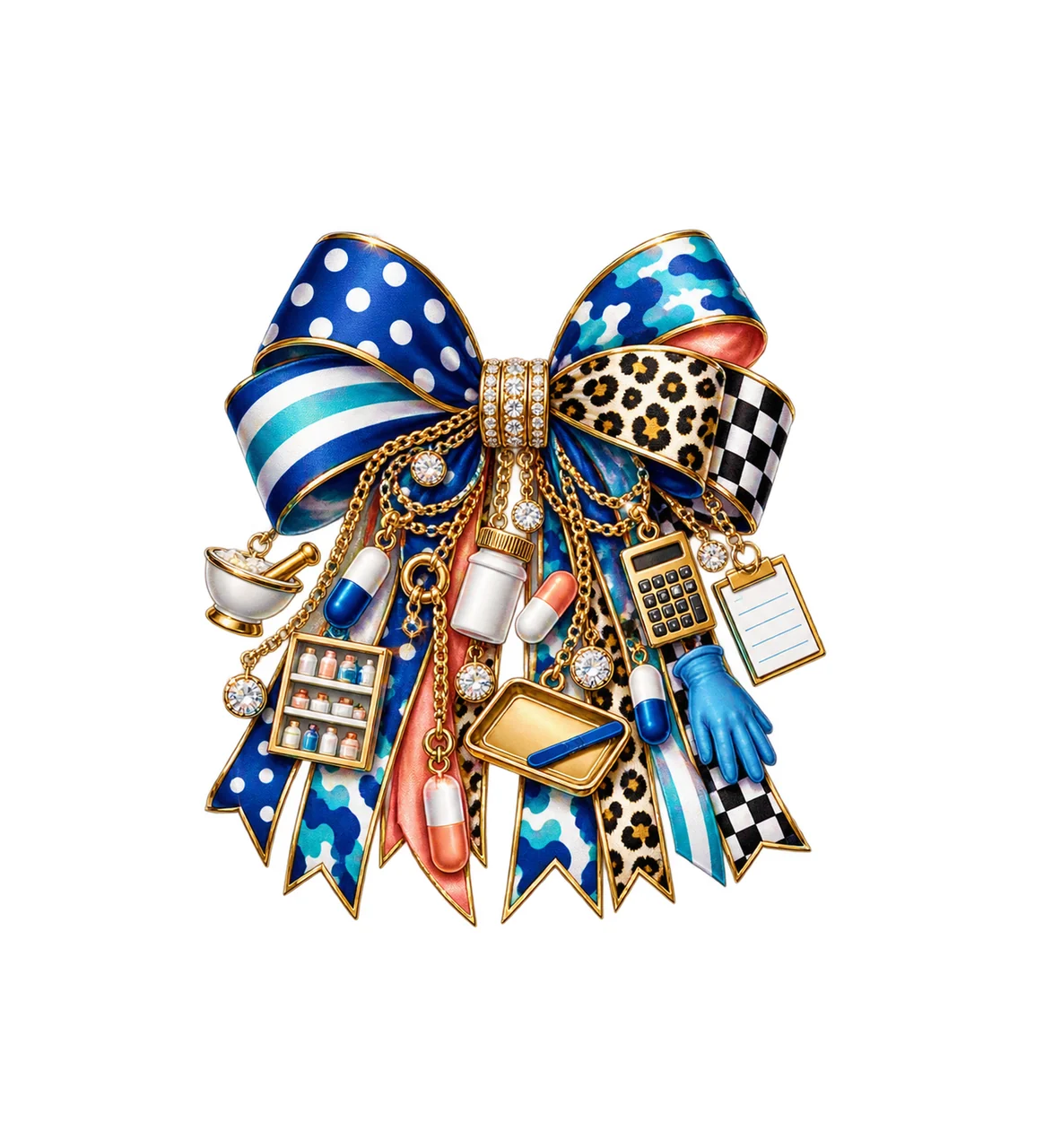 Pharmacy Technician Bow Charm PNG, Themed Gold Chain Charms, Coquette Ribbon Sublimation Design, Transparent Digital Download
