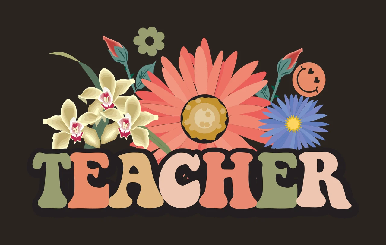 TEACHER TEACHER typography with TEACHER lettering, coral pink daisy, yellow orchids and blue aster in muted green and beige contrast preview thumbnail