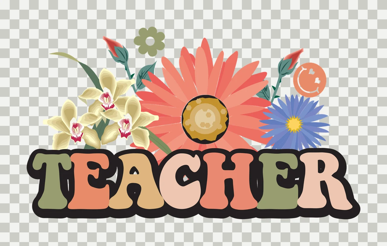 TEACHER TEACHER typography with TEACHER lettering, coral pink daisy, yellow orchids and blue aster in muted green and beige transparency and detail preview thumbnail