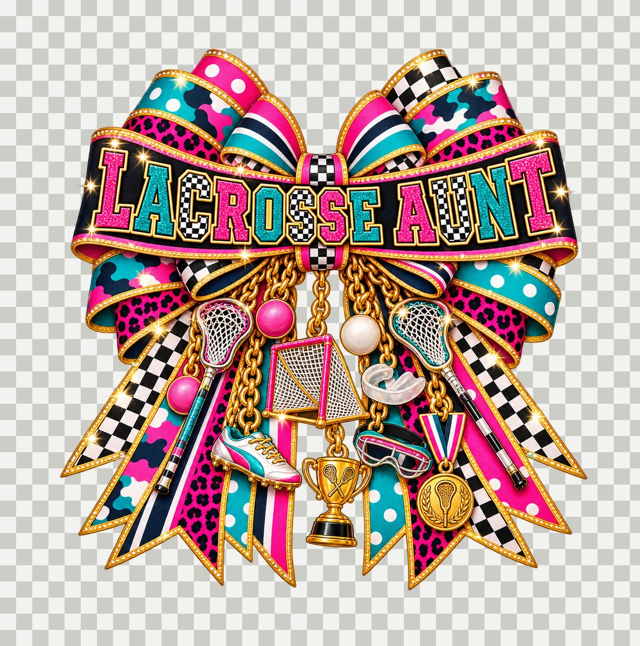 Lacrosse Aunt Bow Charm PNG, Patterned Varsity Aunt Ribbon Clipart, Transparent Sublimation Digital Download transparency and detail preview thumbnail