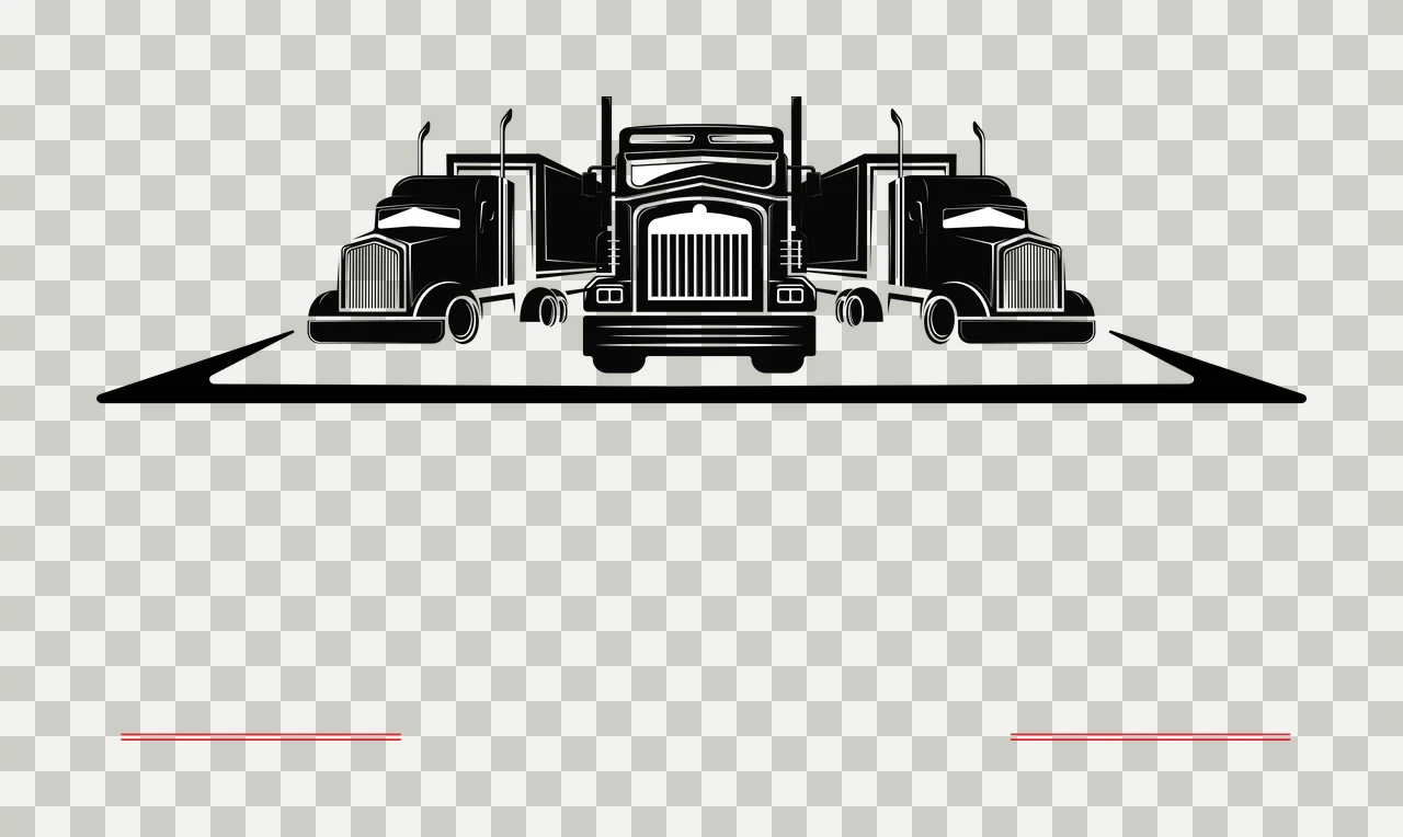 Silhouette Design of Three black semi-truck silhouettes with black road shape beneath trucks and two red horizontal lines at bottom in white transparency and detail preview thumbnail