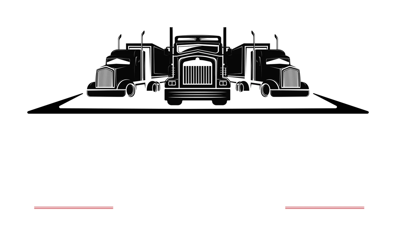 Silhouette Design of Three black semi-truck silhouettes with black road shape beneath trucks and two red horizontal lines at bottom in white
