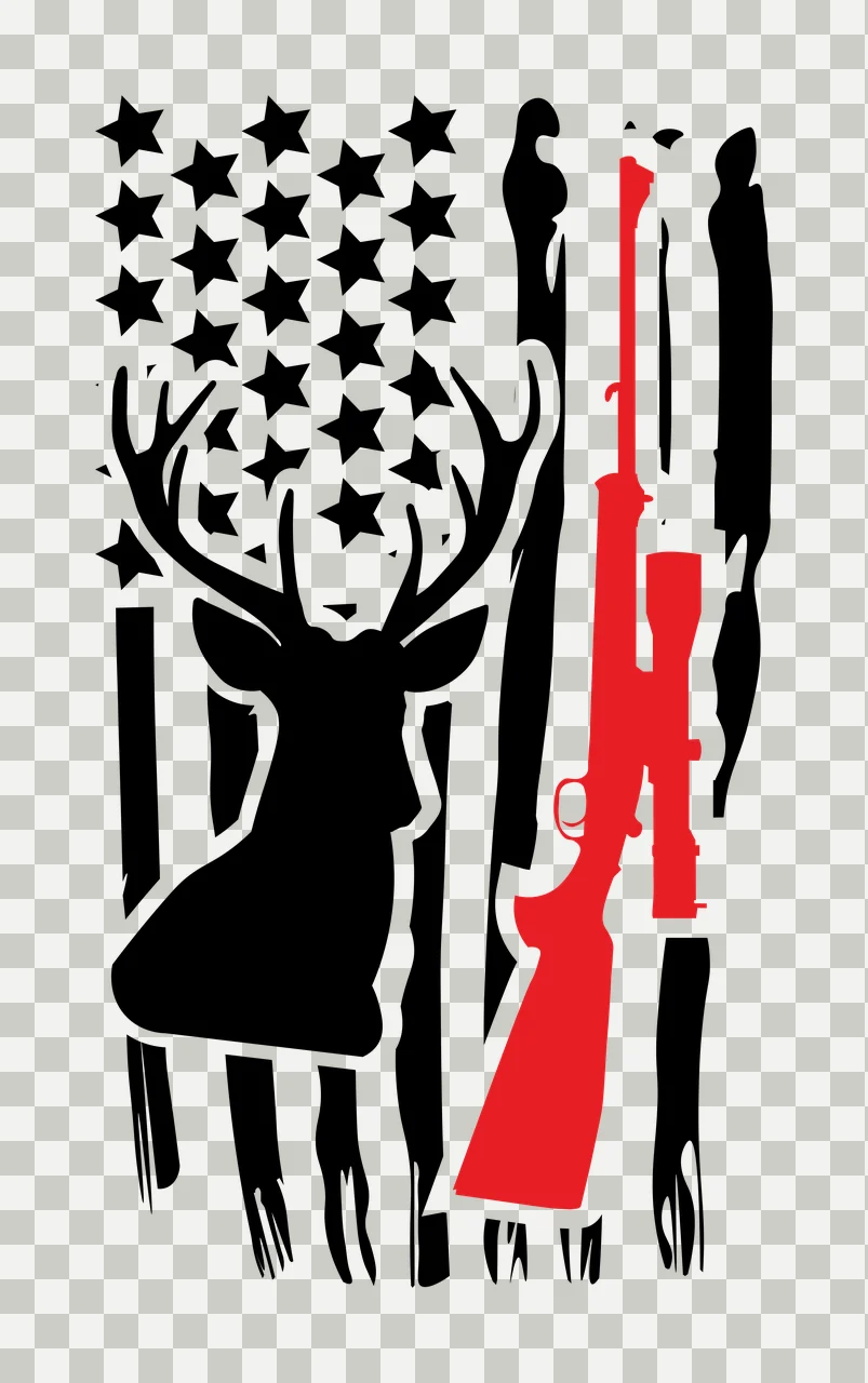 Deer and rifle over American flag motif Illustration with black deer silhouette, red rifle with scope, black stars in top left and black and white vertical stripes transparency and detail preview thumbnail