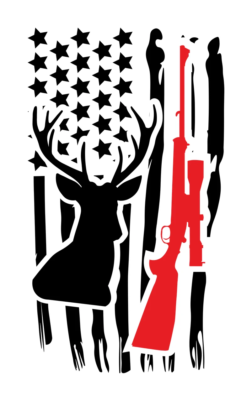 Deer and rifle over American flag motif Illustration with black deer silhouette, red rifle with scope, black stars in top left and black and white vertical stripes