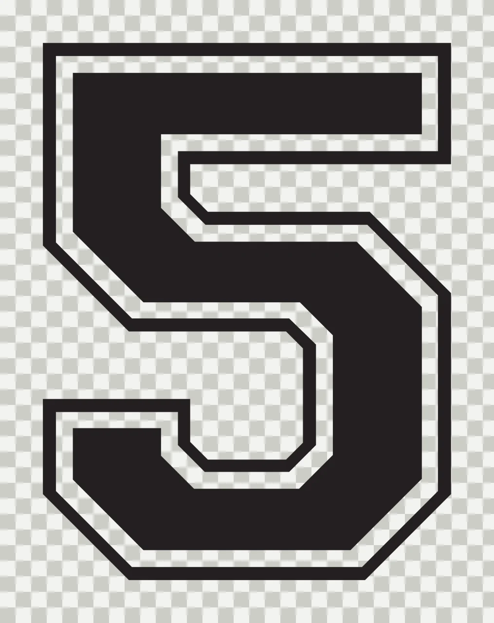 5 Number Design with block lettering, double outline, varsity and geometric shapes in black and white transparency and detail preview thumbnail