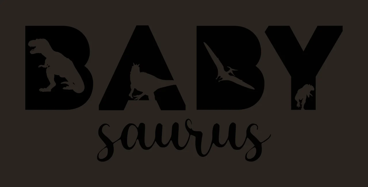 BABY saurus dinosaur typography with bold typography, script font, dinosaur silhouettes and pterodactyl cutout in black and white contrast preview thumbnail
