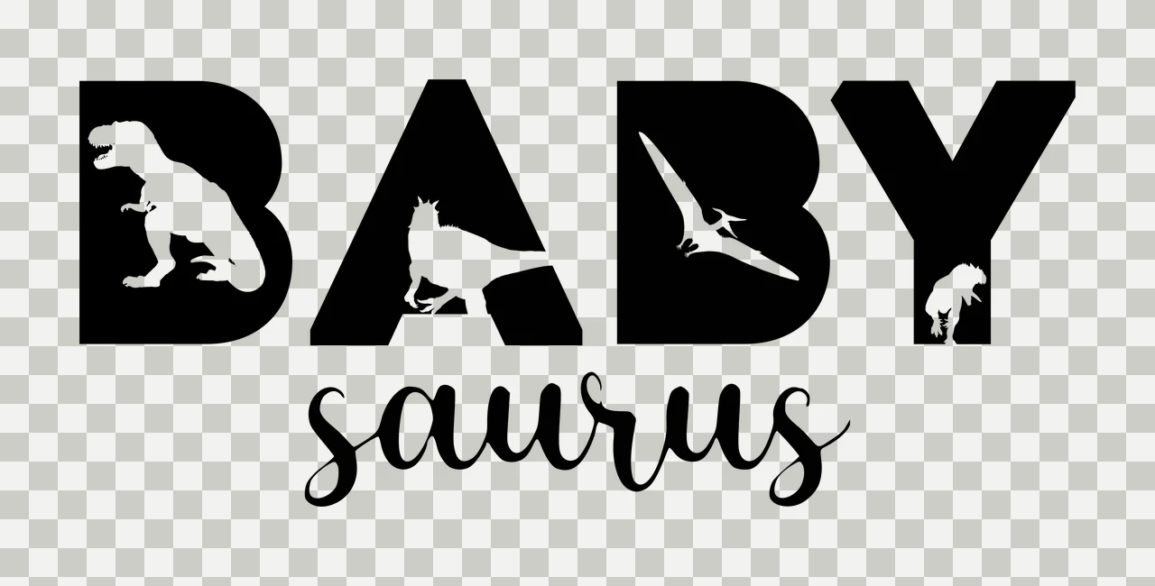 BABY saurus dinosaur typography with bold typography, script font, dinosaur silhouettes and pterodactyl cutout in black and white transparency and detail preview thumbnail